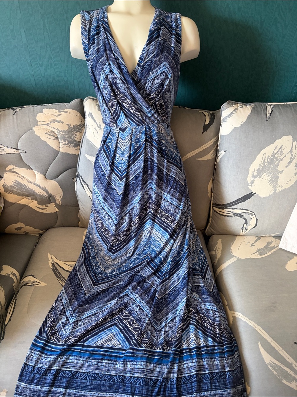 Mario Serrani Blue Patterned Sleeveless Surplice Maxi Dress